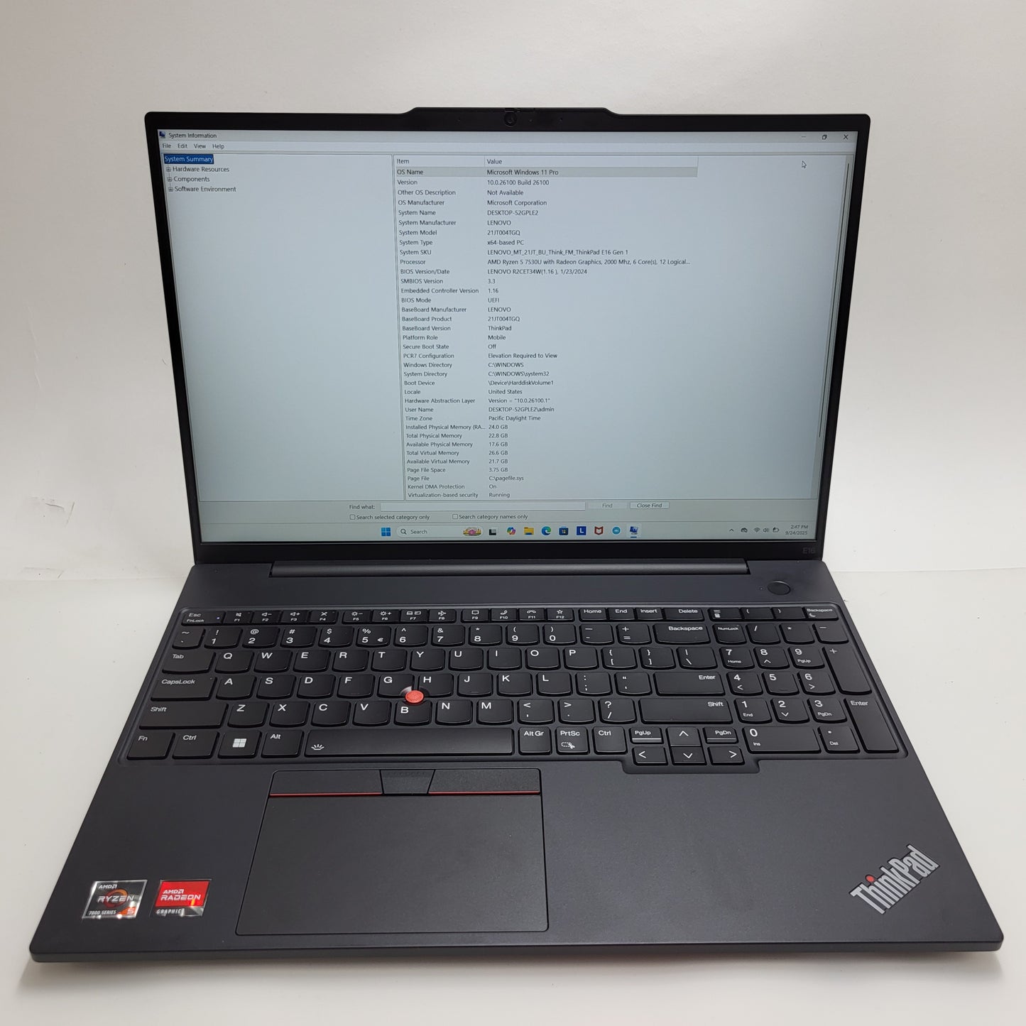 Lenovo ThinkPad E16 Gen 1 16" Ryzen 5 7530U 2.0GHz 24GB RAM 1TB SSD