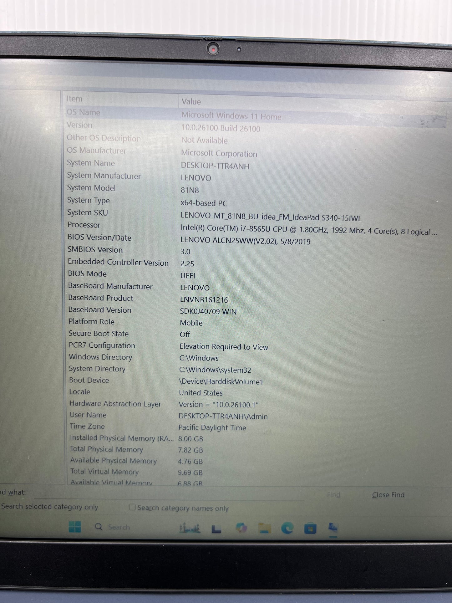 Lenovo IdeaPad S340 15.6" i7-8565U 2.0GHz 8GB RAM 256GB SSD