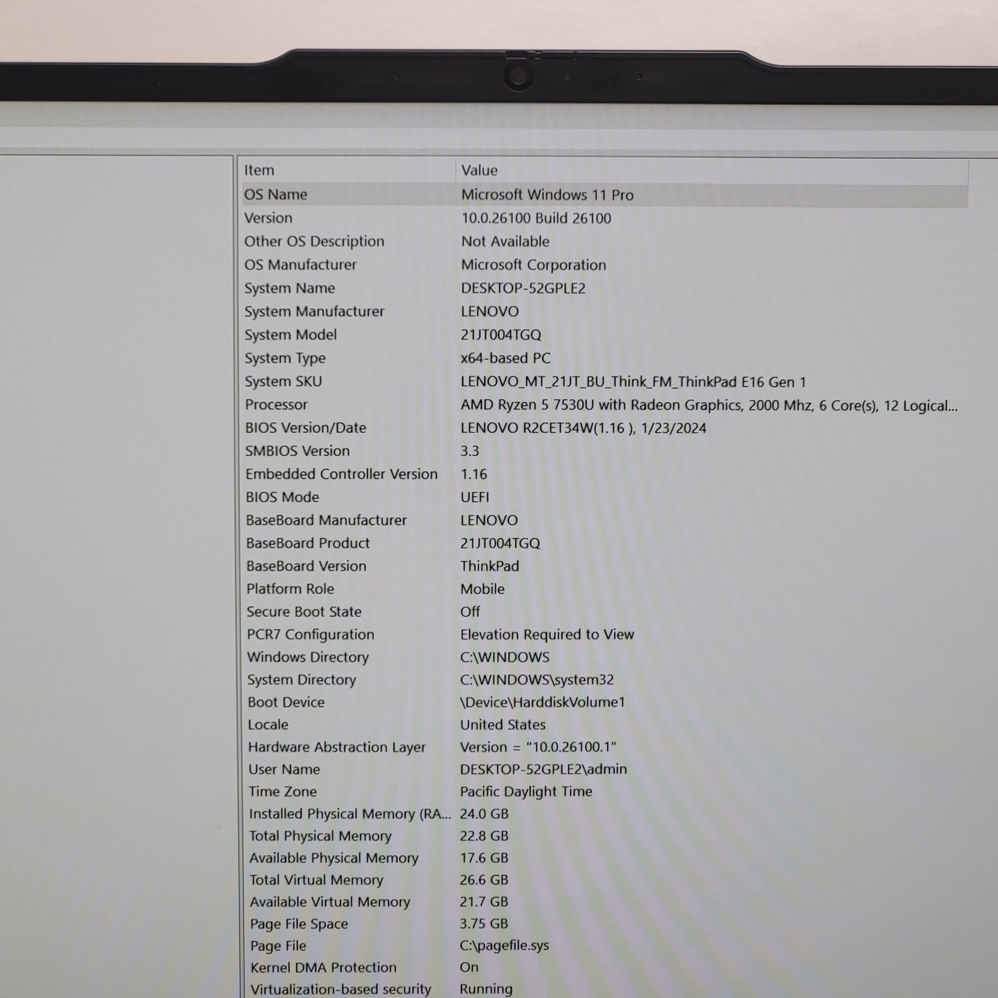 Lenovo ThinkPad E16 Gen 1 16" Ryzen 5 7530U 2.0GHz 24GB RAM 1TB SSD