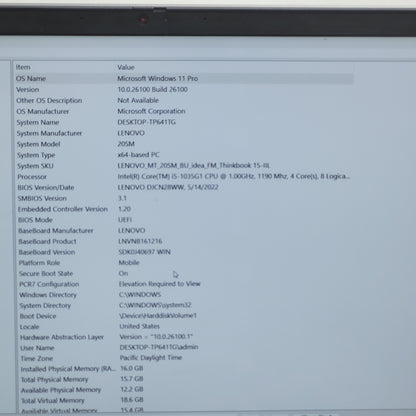 Lenovo ThinkBook 15.6" i5-1035G1 1.2GHz 16GB RAM 256GB SSD