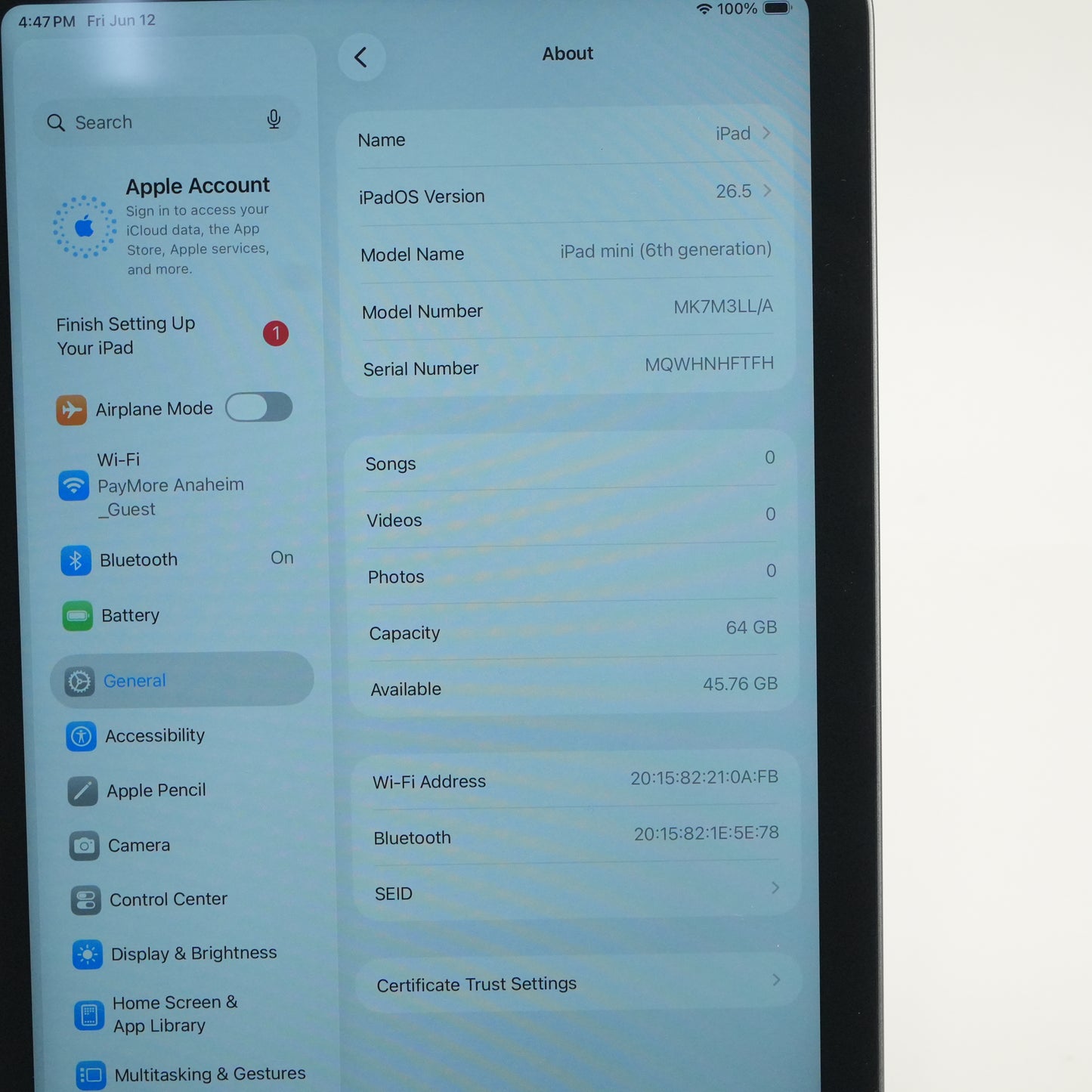 WiFi Only Apple iPad Mini 6th Gen 64GB Space Gray MK7R3LL/A