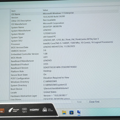 Lenovo ThinkCentre 12TD- 001UUS Core i5-14400T 1.50GHz 16GB RAM 256GB SSD